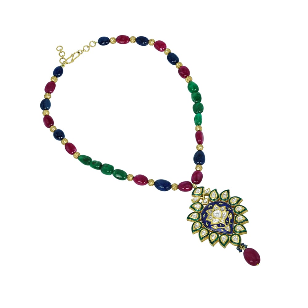 Gemstone Bead Necklace with Polki Meenakari Pendant and Ruby Drop